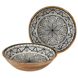 Salade serveer schaal - 2x - Fruitschaal/fruitmand - mango hout - D33 x H8 cm - bruin/print