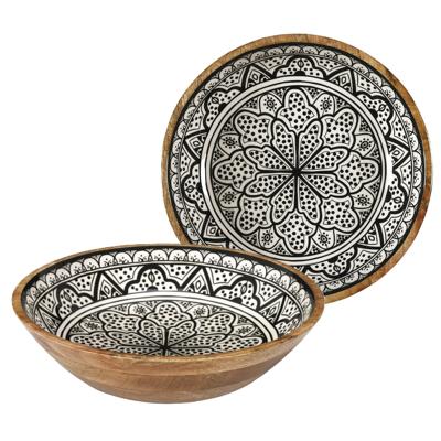 Salade serveer schaal - 2x - Fruitschaal/fruitmand - mango hout - D33 x H8 cm - bruin/print