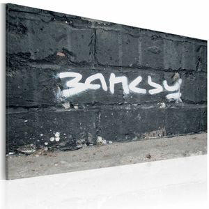 Schilderij - Banksy - Handtekening 40x60cm , wit grijs , wanddecoratie , premium print op canvas