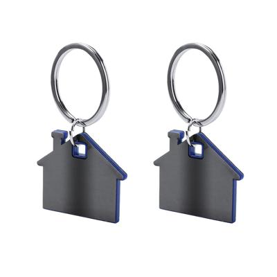 Sleutelhanger met klein huisje - 2x - blauw/grijs - metaal - 4 x 3.8 cm - eigen huis/nieuw huis
