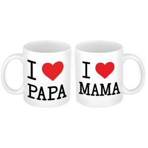 Love papa en mama met hartje mok - Cadeau beker set voor Papa en Mama