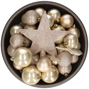 Set van 33x stuks kunststof kerstballen met ster piek parel/champagne mix