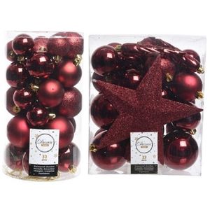 Kerstversiering kunststof kerstballen met piek donkerrood 4-5-6-8 cm pakket van 59x stuks