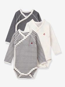 Set van 3 gestreepte babyrompertjes met lange mouwen in biokatoen PETIT BATEAU marine