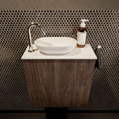 Mondiaz Fowy toiletmeubel 50cm dark brown met blad en waskom talc links 1 kraangat