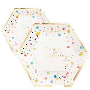 Feestbordjes - verjaardag - 16x - happy-birthday thema - 6-hoekig - papier/karton - 23 cm