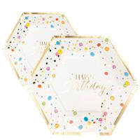 Feestbordjes - verjaardag - 16x - happy-birthday thema - 6-hoekig - papier/karton - 23 cm - thumbnail