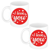 Set van 2x stuks I love you cadeau mokken / bekers wit cirkel met hartjes 300 ml