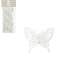 House of Seasons vlinders op clip - 3x stuks - wit glitter - 10 cm   - - thumbnail