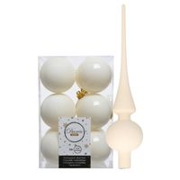 Set van 12x stuks kunststof kerstballen 6 cm en glazen piek wol wit