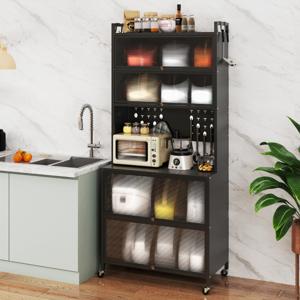 6-Vaks Keukenkast Dressoir met Kratten Draaideuren Magnetron Werkblad Geperforeerd Paneel met Haken voor Keuken Woonkamer