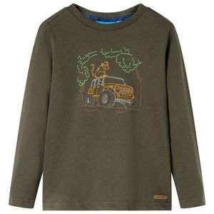 Kindershirt met lange mouwen terreinwagenprint 92 kakikleurig