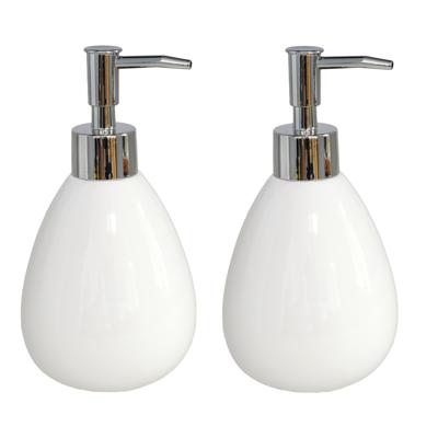 Gerimport Zeeppompje/dispenser - 2x - wit - keramiek - 350 ml - navulbaar - keuken/toilet/badkamer