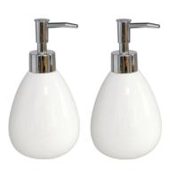 Gerimport Zeeppompje/dispenser - 2x - wit - keramiek - 350 ml - navulbaar - keuken/toilet/badkamer