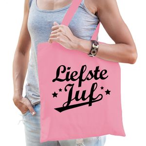 Bellatio Decorations Cadeau tas voor juf - liefste juf - roze - katoen - 42 x 38 cm - juffendag   -