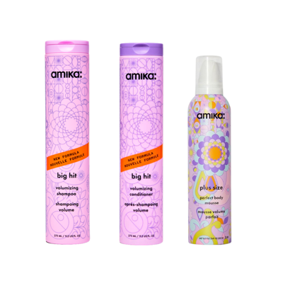amika big hit volumizing set, shampoo, conditioner, plus size mousse