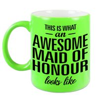 Neon groene awesome maid of honour cadeau mok / beker voor je getuigen 330 ml - feest mokken - thumbnail