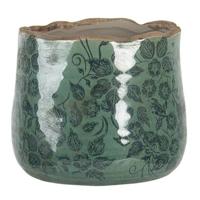 Clayre & Eef Bloempot Ø 13x11 cm Groen Keramiek Rond Bladeren