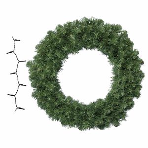 Groene kerstkrans/dennenkrans/deurkrans 50 cm inclusief helder witte verlichting