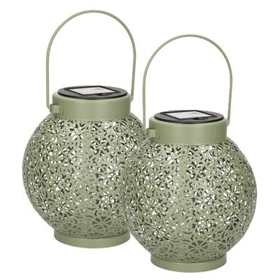 Anna's Collection solar lantaarn - 2x - groen - metaal - D15 x H16 cm - voor buiten