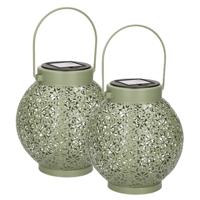Anna's Collection solar lantaarn - 2x - groen - metaal - D15 x H16 cm - voor buiten