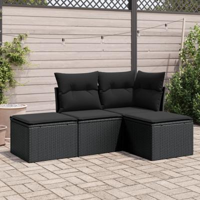 4-delige Loungeset met kussens poly rattan zwart
