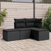 4-delige Loungeset met kussens poly rattan zwart