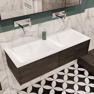 Mondiaz Lush Cloud badmeubel eiken donker bruin 120 cm 2 lades solid surface dubbele spoelbak zonder kraangat