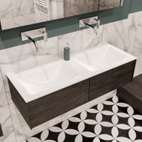 Mondiaz Lush Cloud badmeubel eiken donker bruin 120 cm 2 lades solid surface dubbele spoelbak zonder kraangat