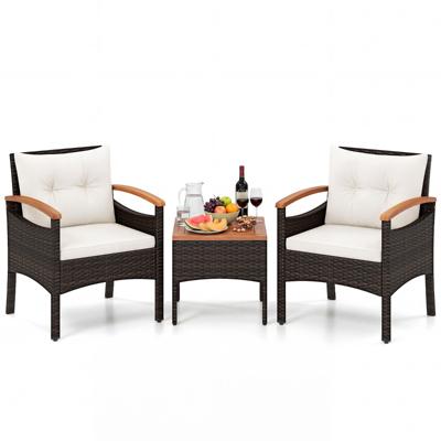 Tuinset 3-delige Balkonset Bestaande uit 2 Stoelen en 1 Tafel Rieten Tuinstoelen Terrasmeubilair met Rugleuning en Armleuningen Beige