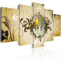 Schilderij - Gele Vogel Zingt, Geel/Beige, wanddecoratie, Print op Canvas , 5luik