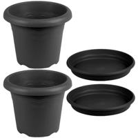 Hega Hogar ronde plantenpotten - 5x - antraciet grijs - met opvangschaal - D30 cm