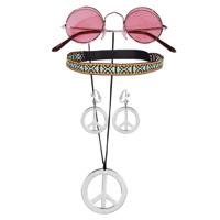 Hippie Sixties verkleed set dames - bril met ronde glazen roze - peace thema ketting met oorbellen