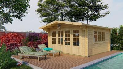 Tuindeco Derby Blokhut 440x440 cm 58 mm vuren blank- Zadeldak- Onbehandeld vurenhout- Tuindeco