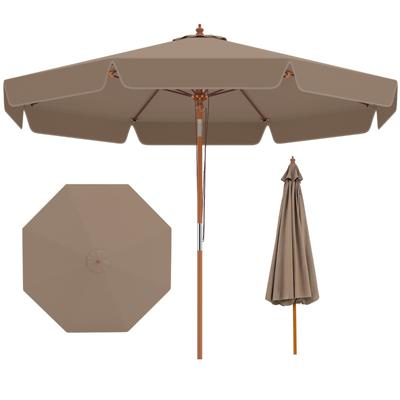300 cm Gekartelde Parasol Marktparasol met Kantelmechanisme Tuinparasol met Houten Stok Geventileerde Top & 8 Baleinen Katrolsysteem Hangparasol-Bruin