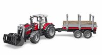 Bruder Massey Ferguson 7480 tractor met voorlader, houttransporter en 3 boomstammen - thumbnail