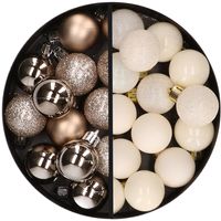 34x stuks kunststof kerstballen champagne en wolwit 3 cm