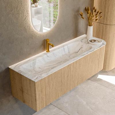 Mondiaz KURVE-DLUX 145 cm Onderkast Greeploos 1 Lade Met Deuren Oak, Wastafel Solid Surface Links Glace 1 Kraangat Zonder Spiegel (KRVBGL145R1L1D1KL-Oak/Gla)