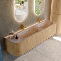 Badmeubel Mondiaz Kurve-Dlux | 175 cm | Meubelkleur Oak | Wastafelkleur Saba | Solid surface | Dubbel / Rechts spoelbak | 2 kraangaten