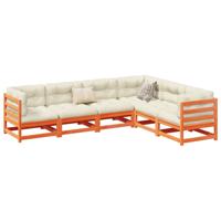 6-delige Loungeset met kussens massief grenenhout wasbruin