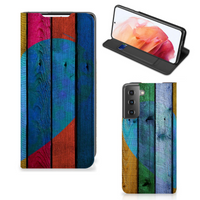 Samsung Galaxy S21 Book Wallet Case Wood Heart - Cadeau voor je Vriend