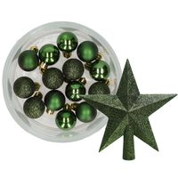 Decoris 14x stuks kerstballen 3 cm met ster piek donkergroen kunststof - thumbnail