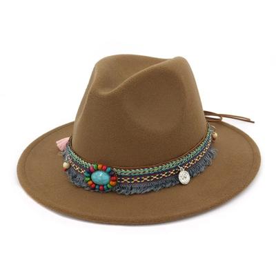 Vrouwen jazz caps Bohemen stijl wollen hoeden voor lente zomer strand (kaki)
