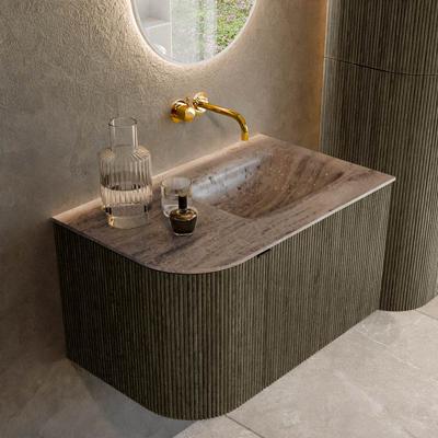 Badmeubel Mondiaz Kurve-Dlux | 75 cm | Meubelkleur Shadow | Wastafelkleur Oza | Solid surface | Wasbak rechter zijde spoelbak | Zonder kraangat(en)