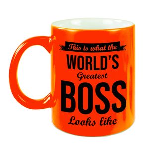 Worlds Greatest Boss cadeau koffiemok / theebeker neon oranje 330 ml