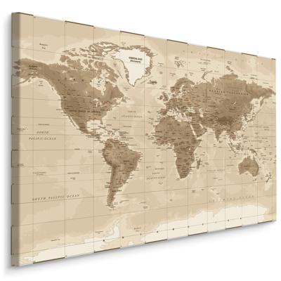 Schilderij - Beige bruine Wereldkaart , Wanddecoratie , Premium print - 100x70