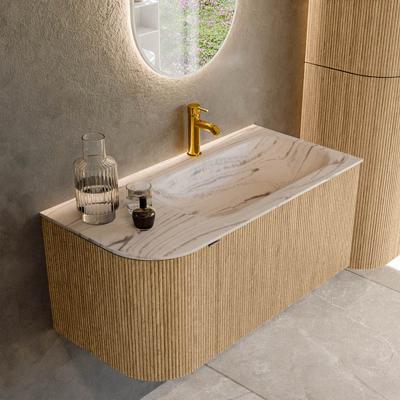 Badmeubel Mondiaz Kurve-Dlux | 95 cm | Meubelkleur Oak | Wastafelkleur Nata | Solid surface | Wasbak rechter zijde spoelbak | 1 kraangat