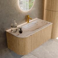 Badmeubel Mondiaz Kurve-Dlux | 95 cm | Meubelkleur Oak | Wastafelkleur Nata | Solid surface | Wasbak rechter zijde spoelbak | 1 kraangat
