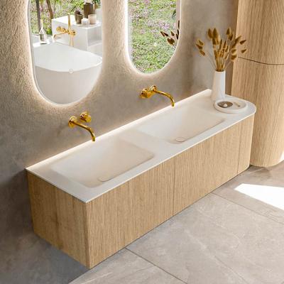 Mondiaz KURVE 155 cm Onderkast Greeploos 2 Lades Met Deuren Oak, Wastafel Solid Surface Links Talc 0 Kraangaten Zonder Spiegel (KRVCLO155R2L1D0KD-Oak/Tal)