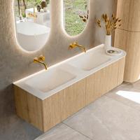 Mondiaz KURVE 155 cm Onderkast Greeploos 2 Lades Met Deuren Oak, Wastafel Solid Surface Links Talc 0 Kraangaten Zonder Spiegel (KRVCLO155R2L1D0KD-Oak/Tal)